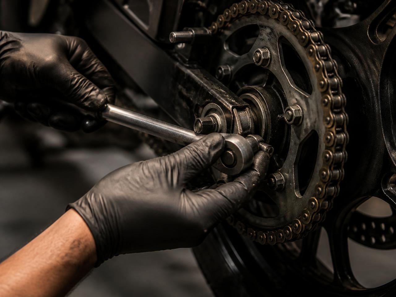 Torque wrench being used on a motorcycle rear sprocket